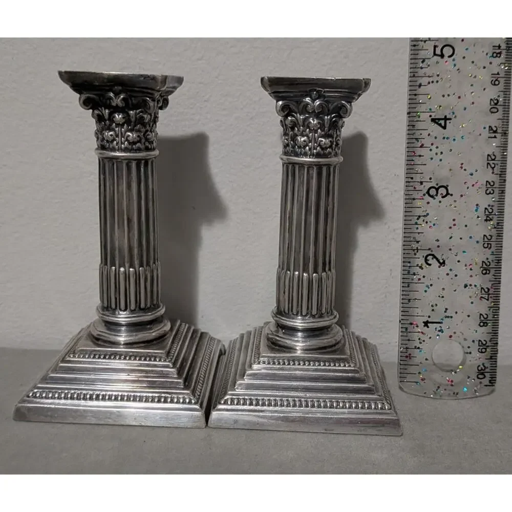 Antique Mappin & Webb Dwarf Corinthian Column Candlestick Holders Set of 2 Short